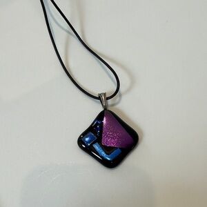 Dichroic Glass Square Pendant Necklace in Purple & Blue